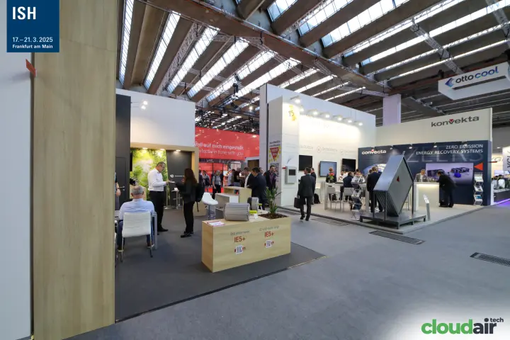 Domel motor display beside the Konvekta stand across the aisle at ISH 2025