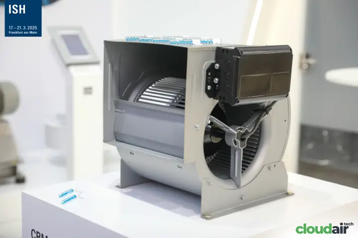 Double-inlet centrifugal fan with forward-curved impeller on a CBM plinth at ISH 2025