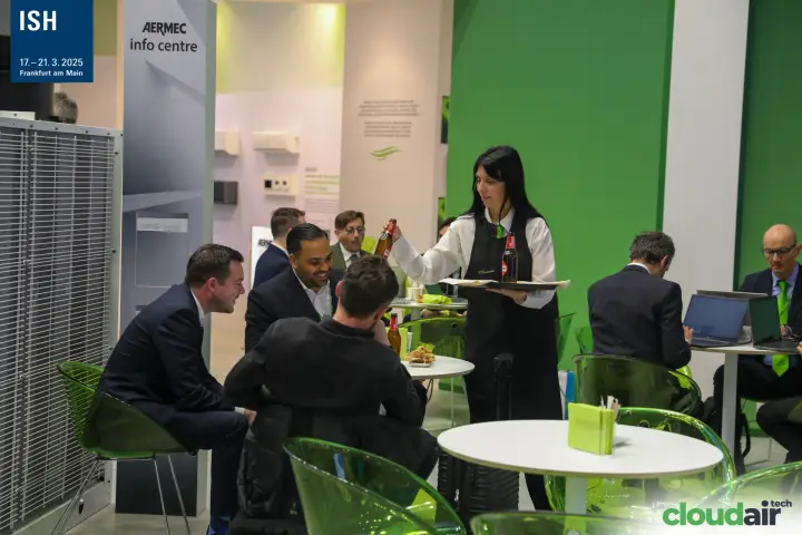 Drinks served to guests in the Aermec lounge beside the info centre at ISH 2025