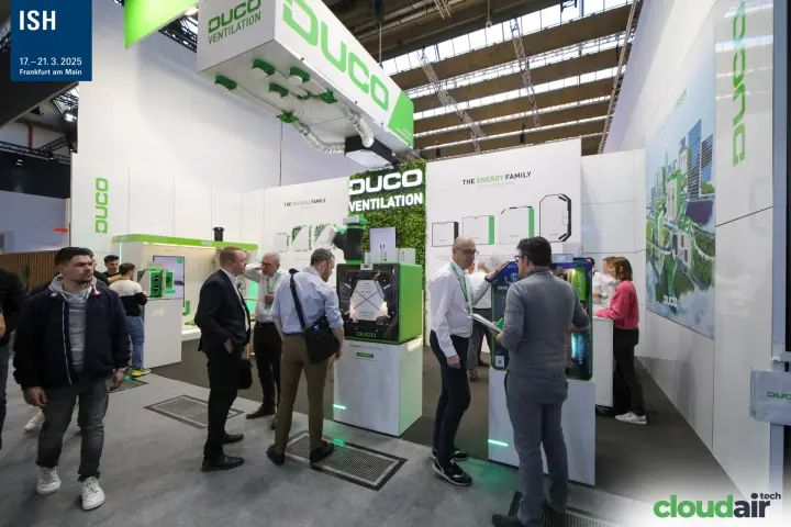 Duco Ventilation stand with heat recovery units and a moss wall at ISH 2025