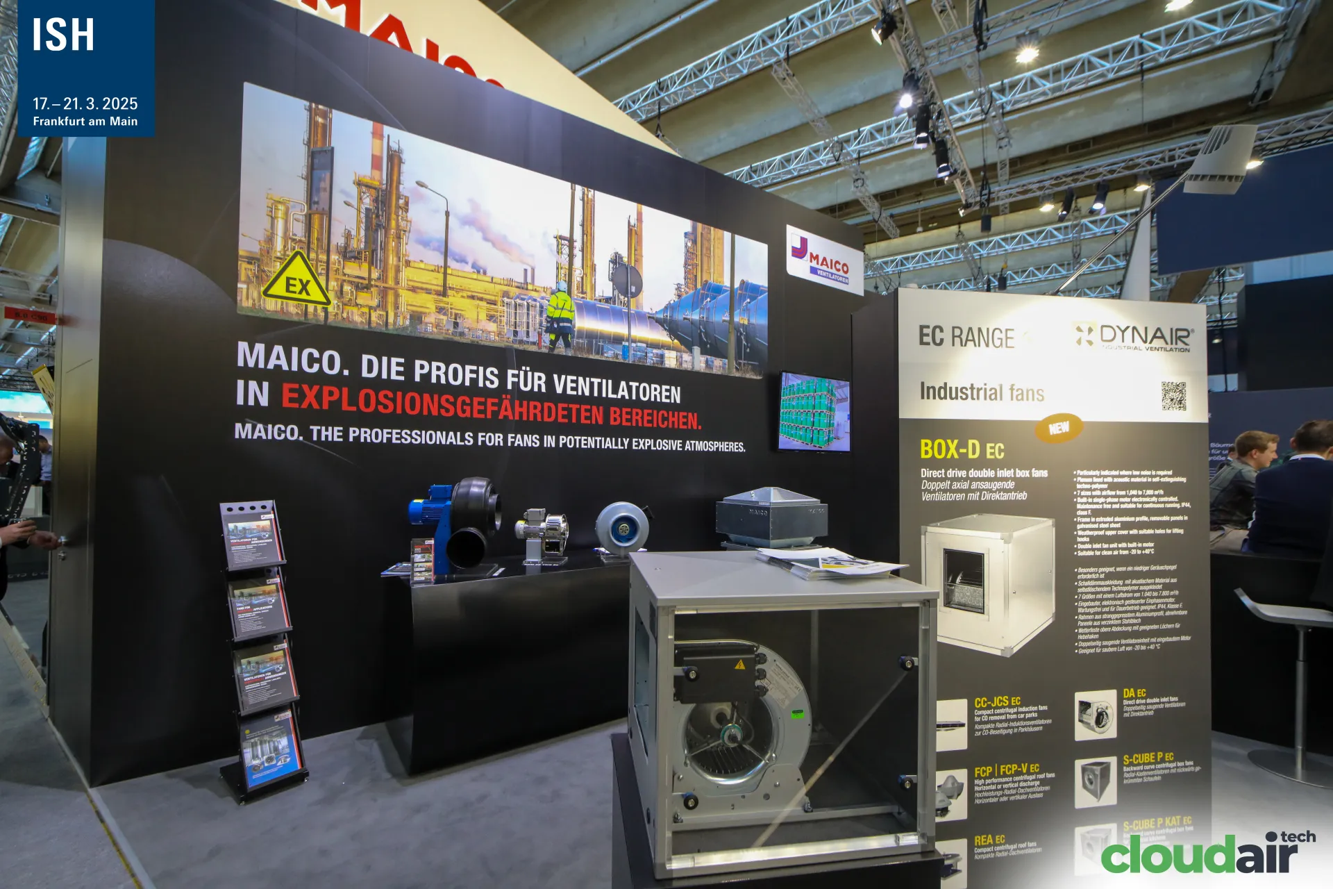 Dynair BOX-D EC box fan with open panel at the Maico ATEX fan wall at ISH 2025