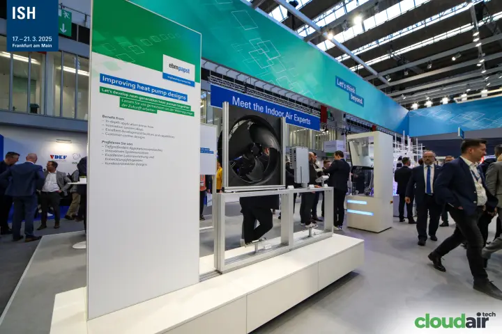 ebm-papst axial fan for heat pumps beside 'Improving heat pump designs' panel at ISH 2025