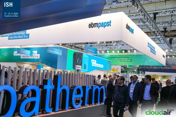 ebm-papst fascia and teal graphics seen past robatherm letters at ISH 2025