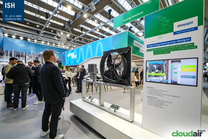 ebm-papst heat pump fan with 'Operation during Winter' screen and control boards at ISH 2025