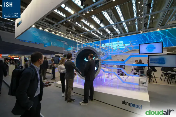 ebm-papst illuminated duct installation with a circular LED fan display at ISH 2025