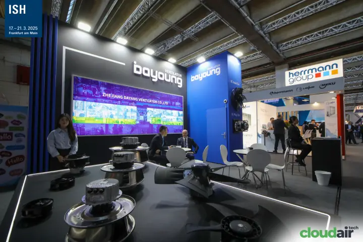 EC centrifugal impellers and axial fan blades on the Bayoung display table at ISH 2025