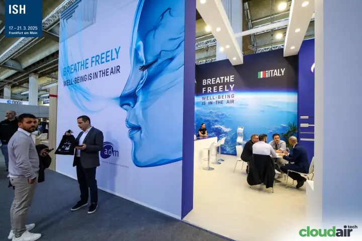 Ecoclima stand corner with BREATHE FREELY face graphic at ISH 2025