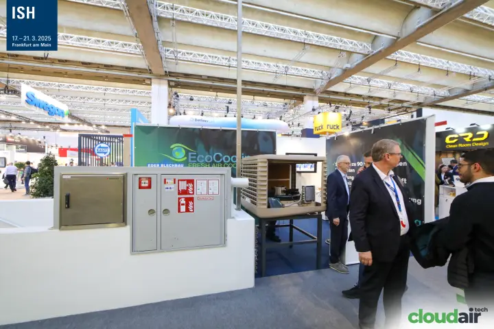 Eder Blechbau evaporative fresh-air cooler shown with open housing at ISH 2025