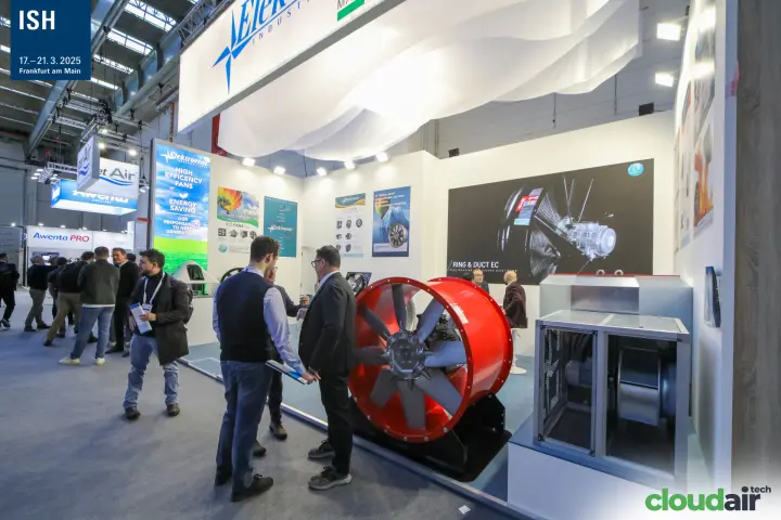 Elektrovent stand with a red axial fan and a cabinet fan unit