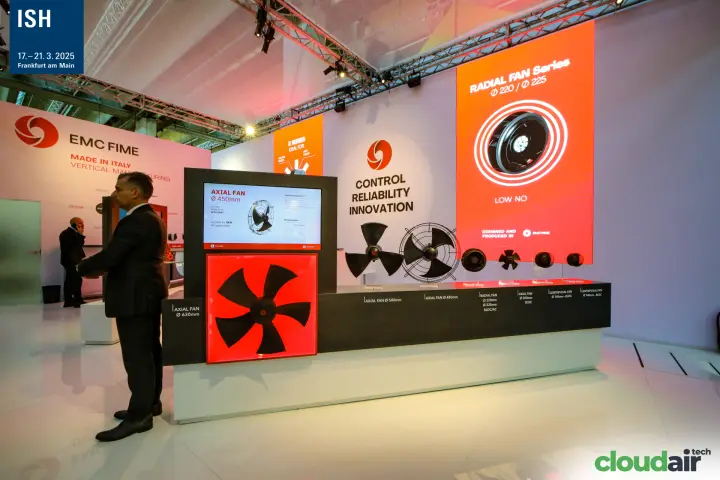 EMC Fime fan display with axial and radial fans under orange LED panels