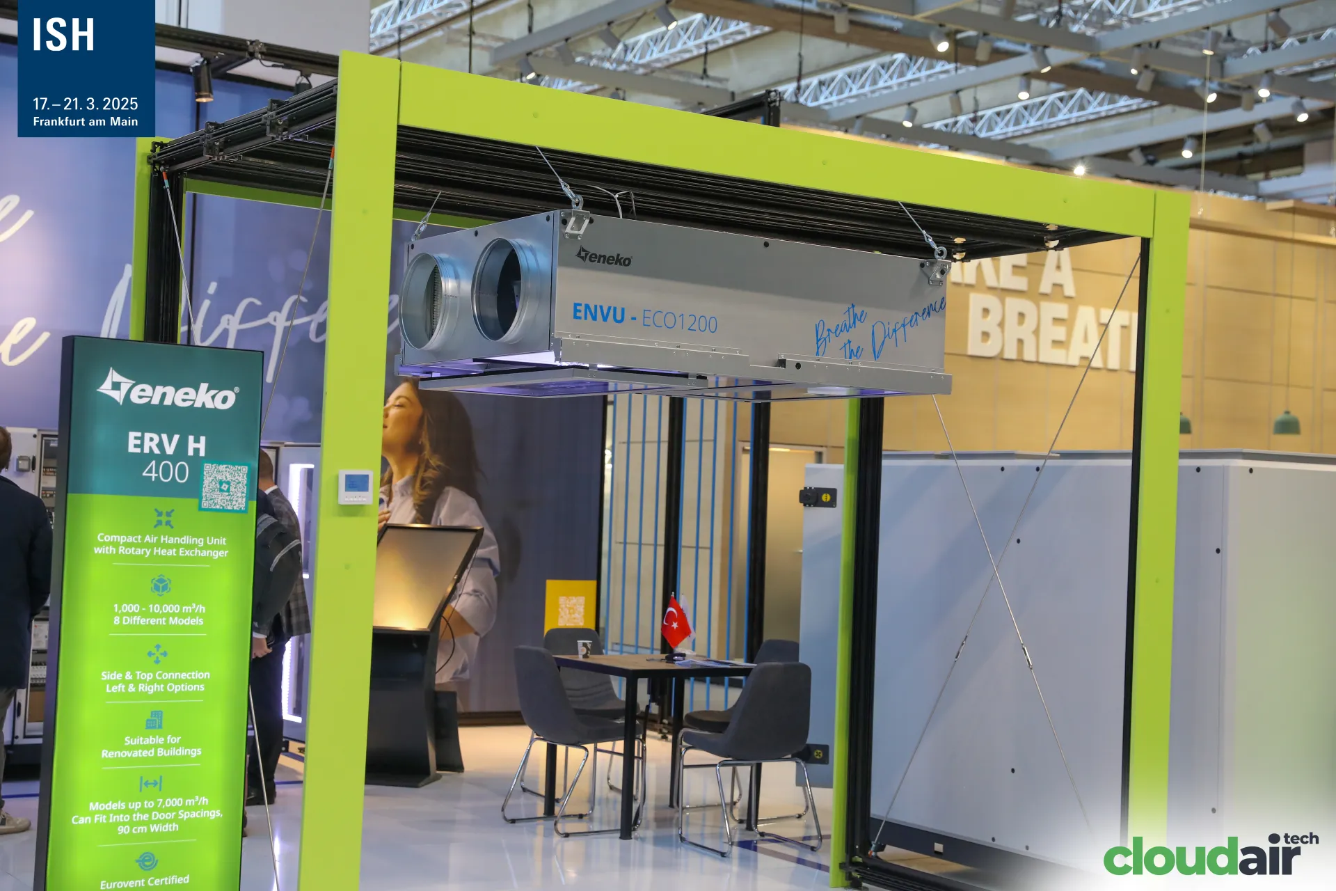Eneko ENVU-ECO1200 unit suspended under a lime-green frame at ISH 2025