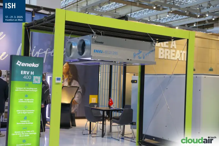 Eneko ENVU-ECO1200 unit suspended under a lime-green frame at ISH 2025