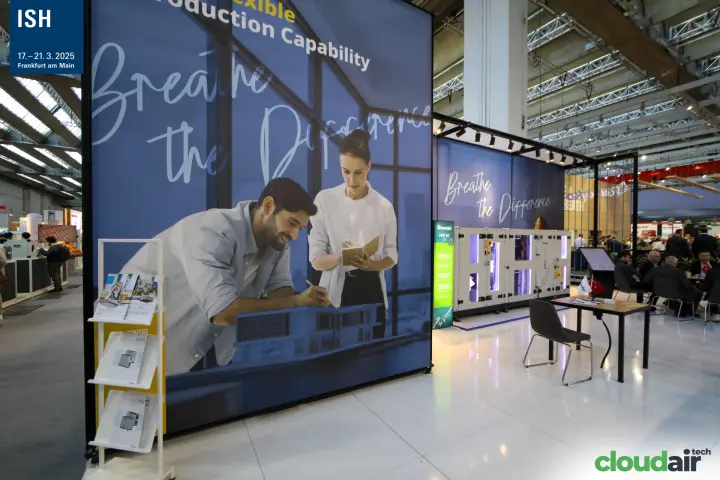 Eneko stand with "Breathe the Difference" wall and ERO AC air handling unit at ISH 2025