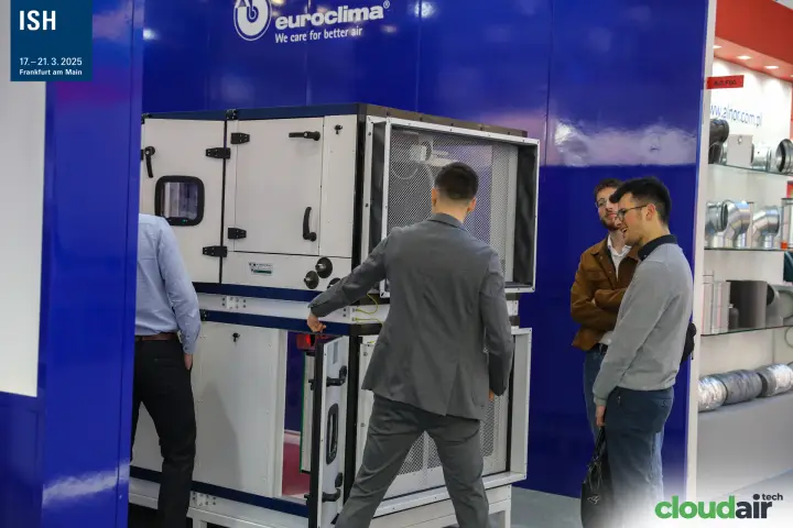 Euroclima compact AHU with filter section, visitors inspecting at ISH 2025