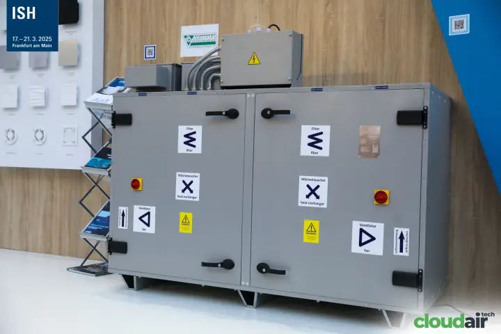 Eurovent-certified Blauberg heat recovery unit with bilingual function labels at ISH 2025