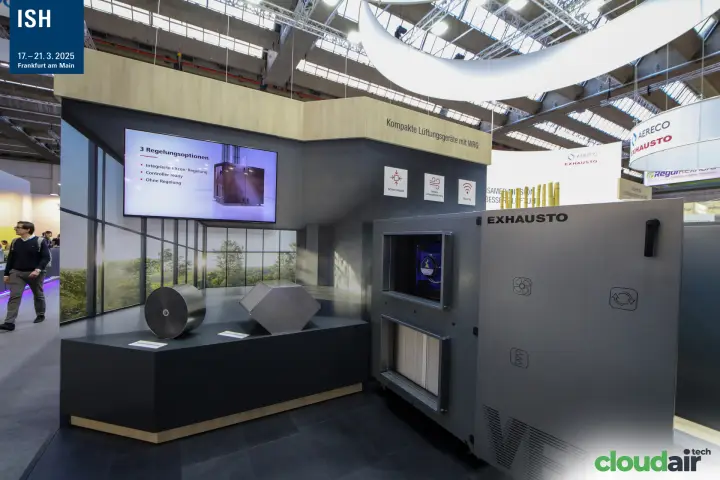 Exhausto ventilation unit and screen listing three control options at ISH 2025
