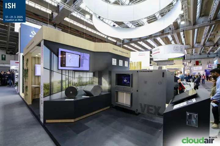 Exhausto VEX1000 compact ventilation unit with heat recovery cores on display at ISH 2025