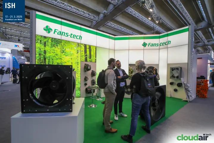 Fans-tech corner stand with axial and centrifugal fans on green carpet at ISH 2025