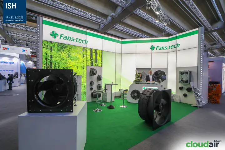 Fans-tech stand with large axial and centrifugal fans on green carpet at ISH 2025