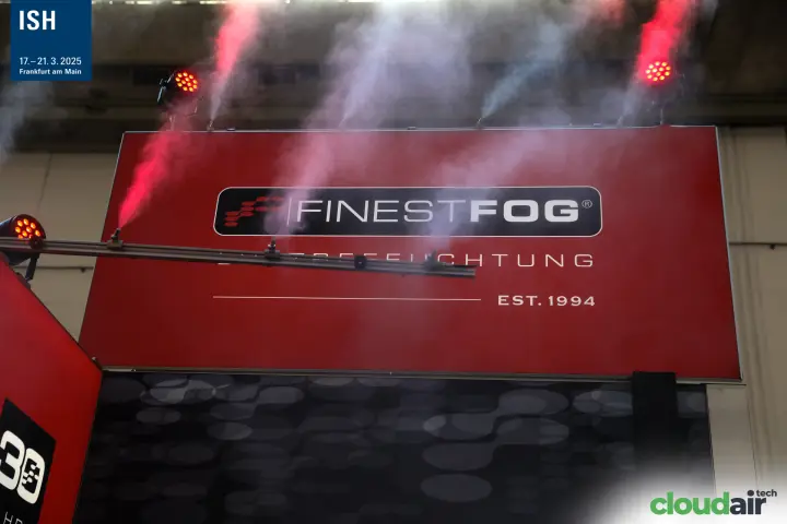 FinestFog fascia with high-pressure misting nozzles spraying above it at ISH 2025