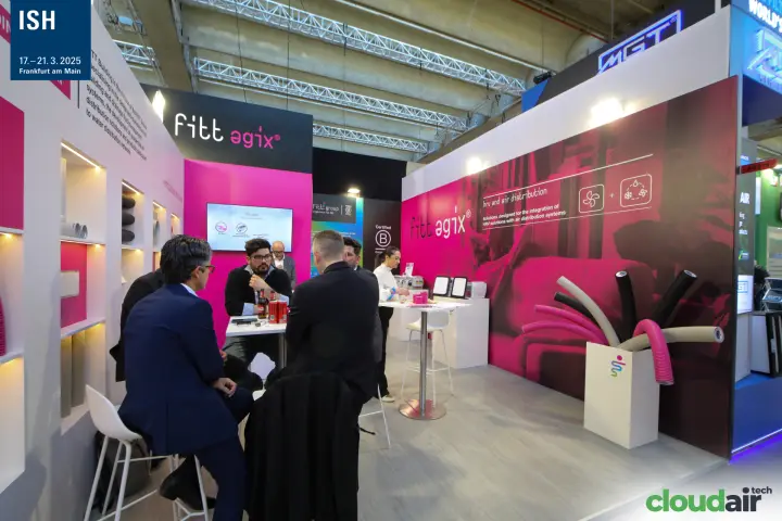 FITT Agix stand for HRV and air distribution with magenta flexible ducts at ISH 2025
