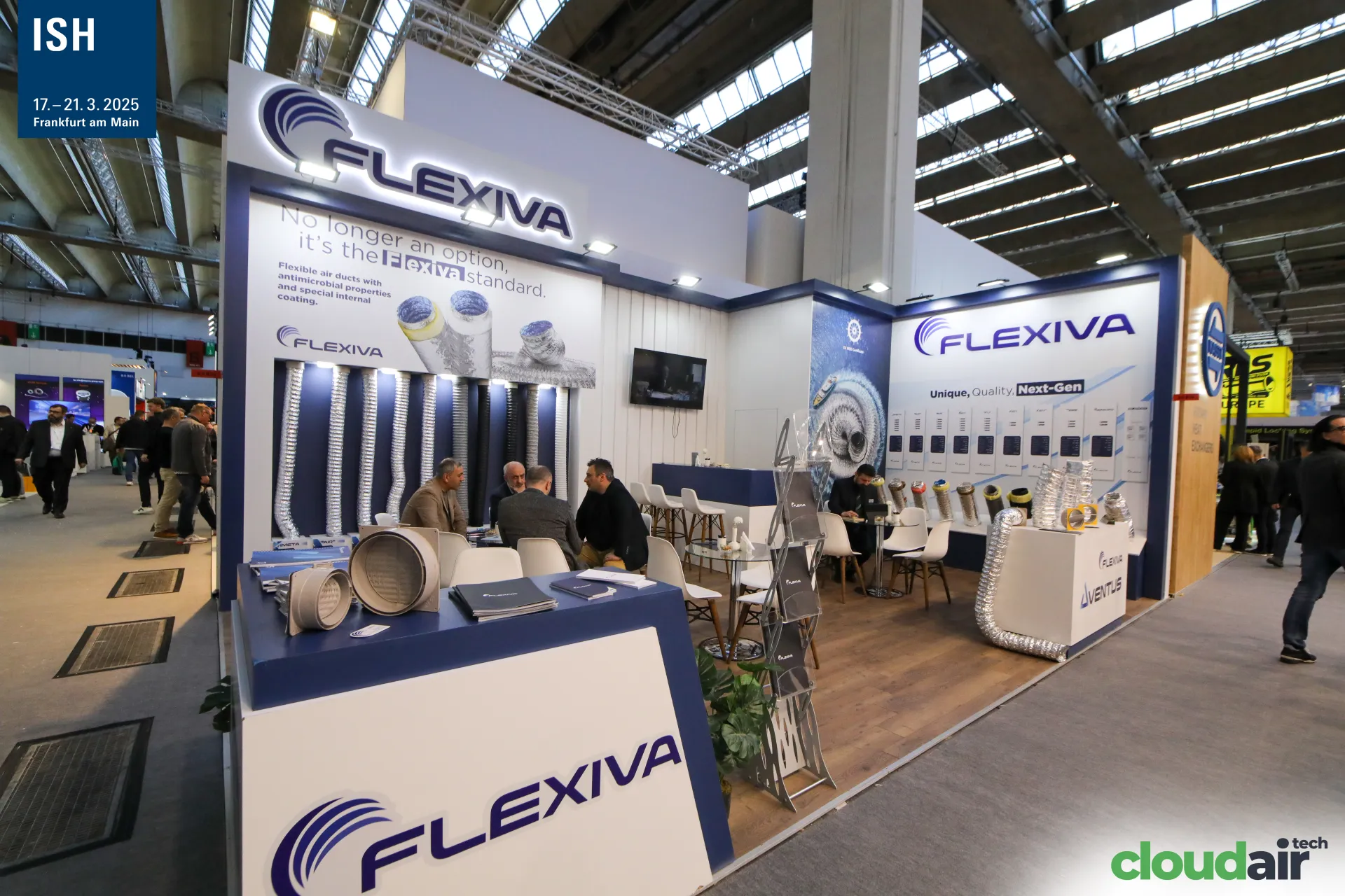 Flexiva flexible air ducts displayed on a navy and white stand at ISH 2025