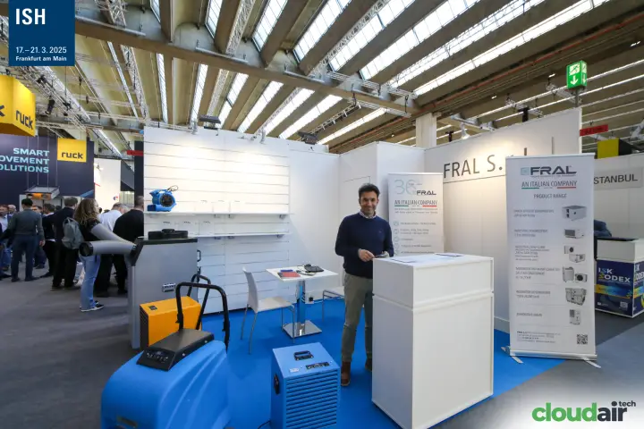 Fral stand with portable dehumidifiers and product range roll-up at ISH 2025