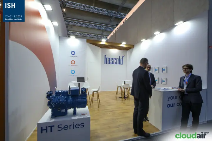 Frascold HT Series compressor on a plinth at the stand front at ISH 2025