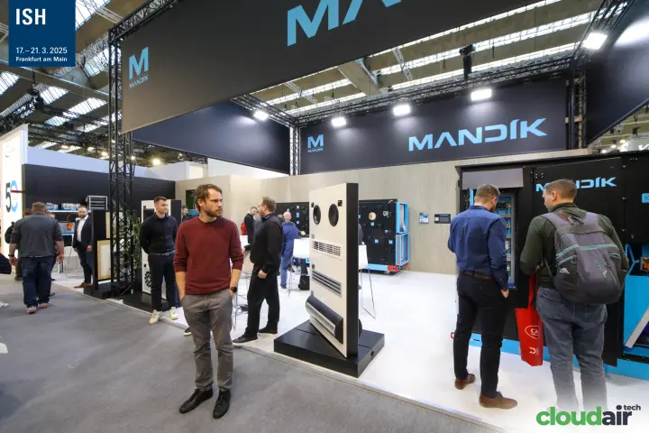 Free-standing grille display and black air handling units at Mandík at ISH 2025
