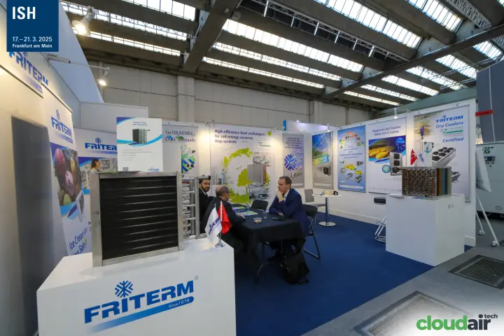 Friterm stand with stainless steel heat exchanger and dry cooler posters at ISH 2025