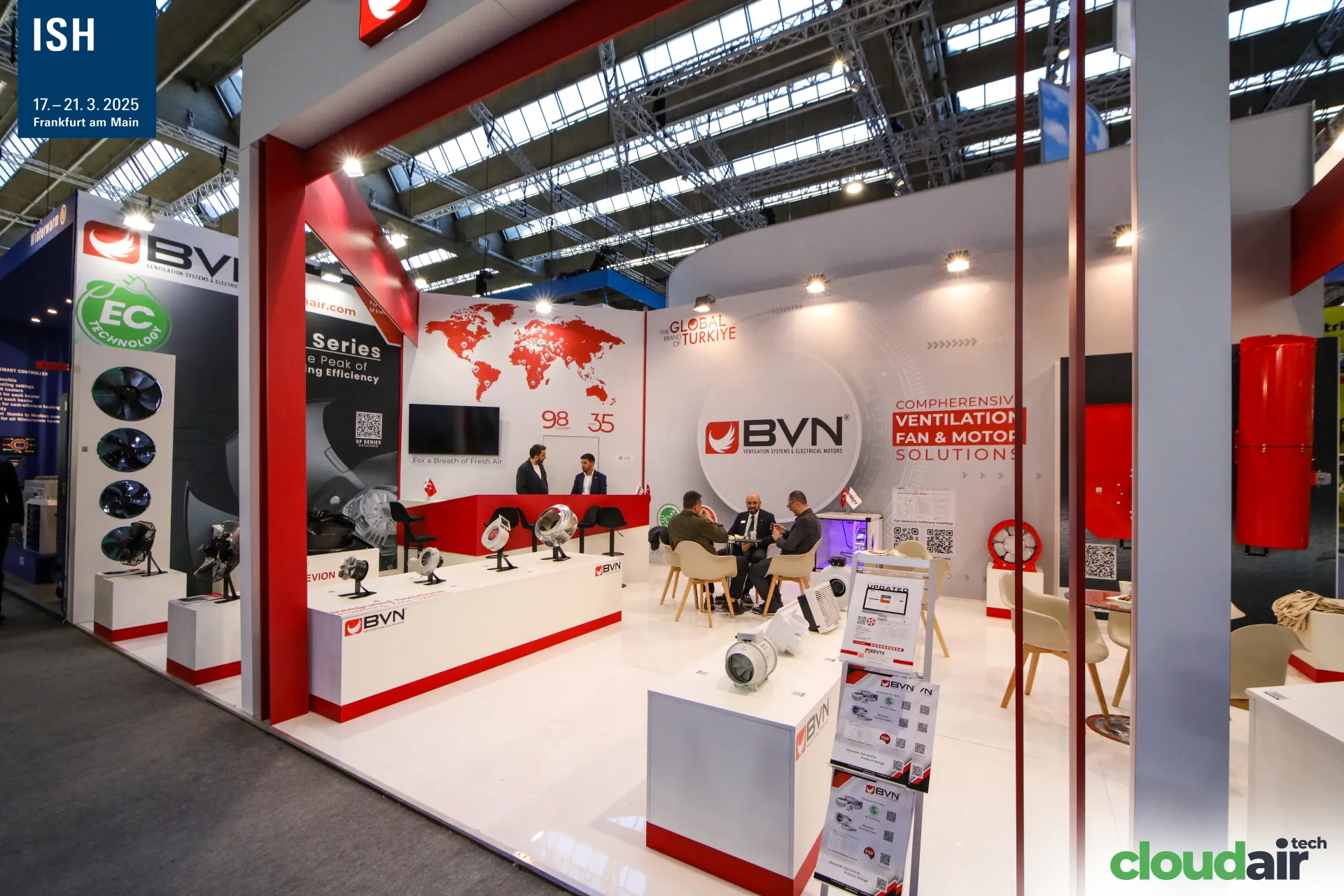 Front view of the BVN stand with fan plinths and brochure rack at ISH 2025