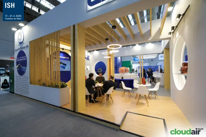 Gamak stand with timber slats, ring lights and electric motor displays