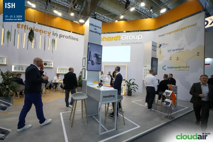 Gebhardt Group Air Duct Solutions wall with regional partner map at ISH 2025