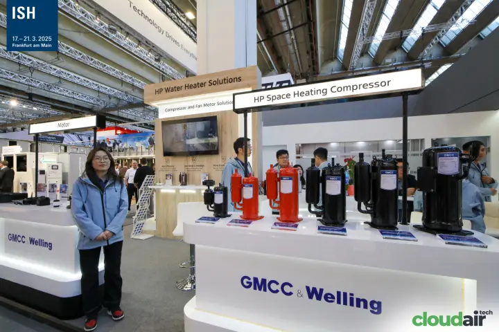 GMCC & Welling compressors under "HP Space Heating Compressor" sign