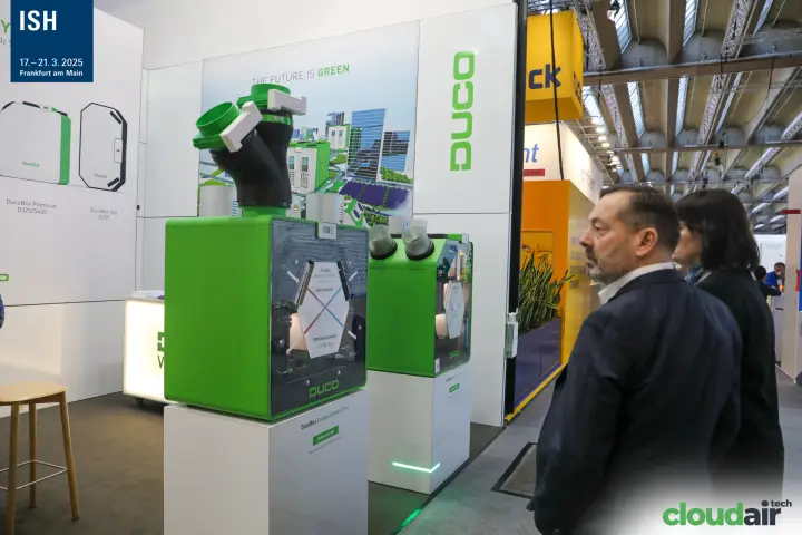 Green DucoBox Energy Comfort Plus heat recovery units on plinths at ISH 2025