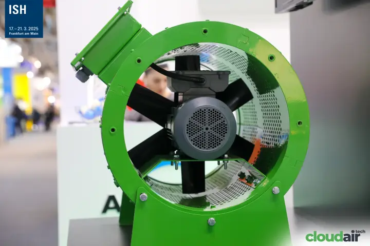 Green-painted axial fan with external motor and terminal box at ISH 2025