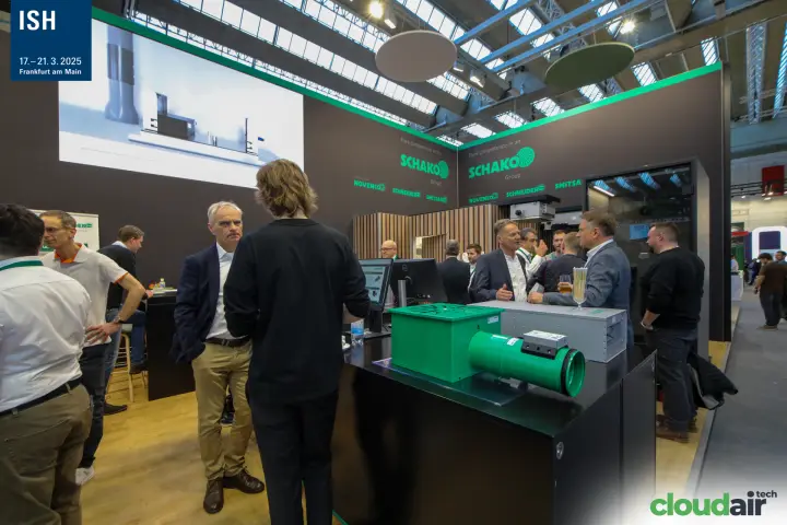 Green Schako air terminal box on the counter of the busy Schako stand at ISH 2025