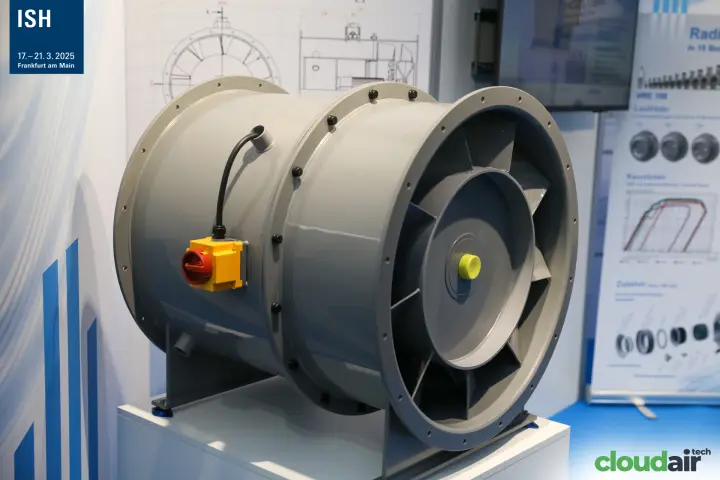 Grey axial duct fan with yellow isolator switch on the Mietzsch stand at ISH 2025
