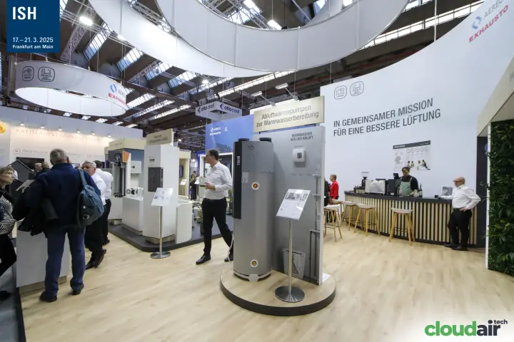 Heat pump water heater display and coffee bar at Aereco Exhausto at ISH 2025