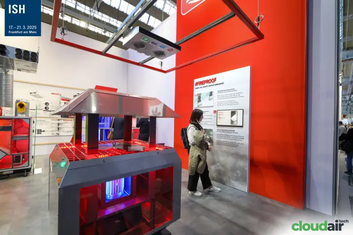 Helios roof smoke extraction fan with lit open housing under #FIREPROOF at ISH 2025