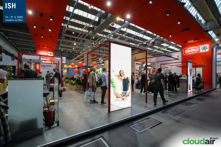 Helios stand interior with red frames, light boxes and ISH Premiere zone at ISH 2025