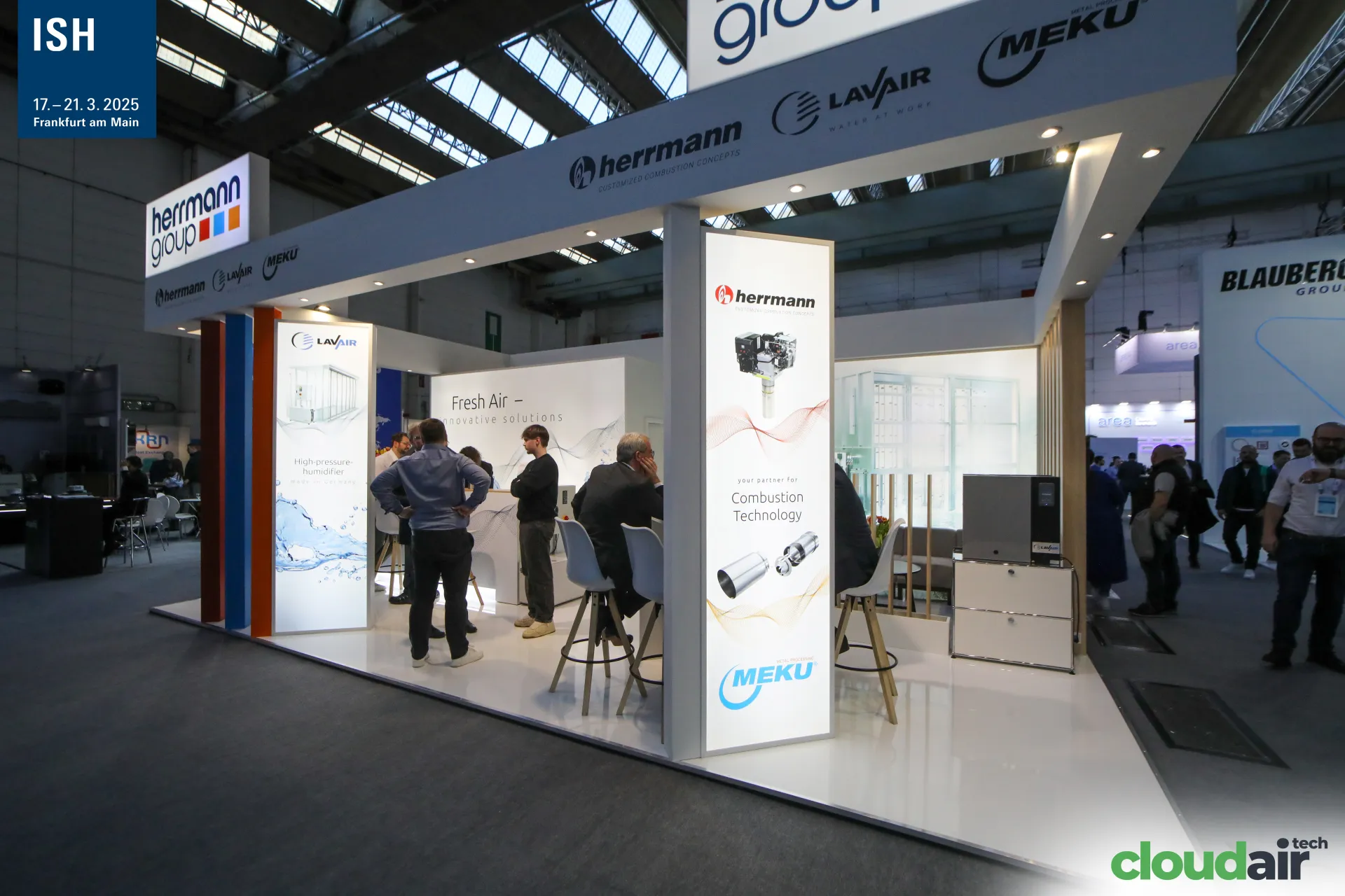 Herrmann group stand with Herrmann, LavAir and MEKU light columns at ISH 2025