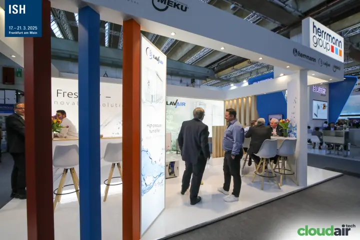 Herrmann Group stand with Lavair high-pressure humidifier lightbox at ISH 2025