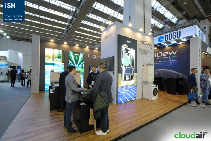 HiDew dehumidifier stand with backlit panels and visitors at the product counter at ISH 2025