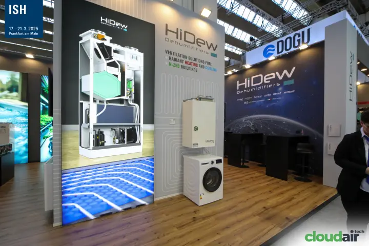 HiDew wall unit above a washing machine beside a cutaway product graphic at ISH 2025