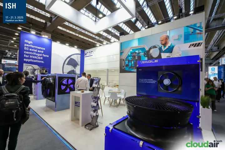 Hidria stand with EAGLE axial fan display and EC fan cabinets at ISH 2025