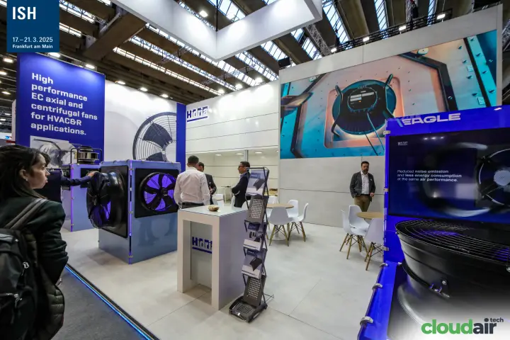 Hidria stand with illuminated EC fan cabinets and meeting area at ISH 2025