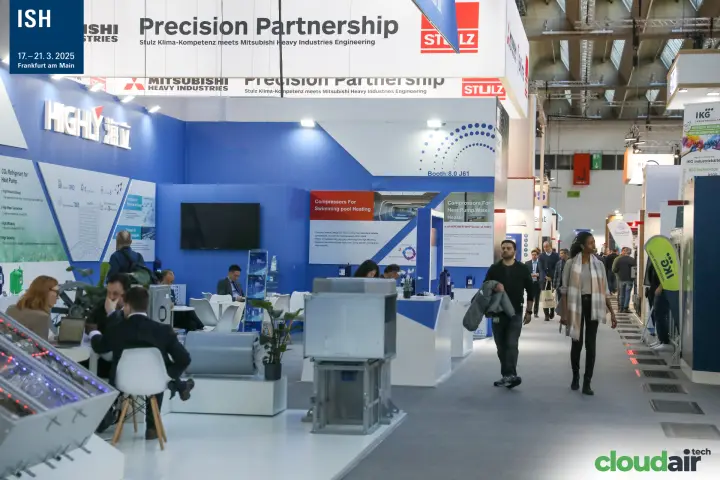 Highly compressor stand at booth 8.0 J61 beside a busy aisle at ISH 2025