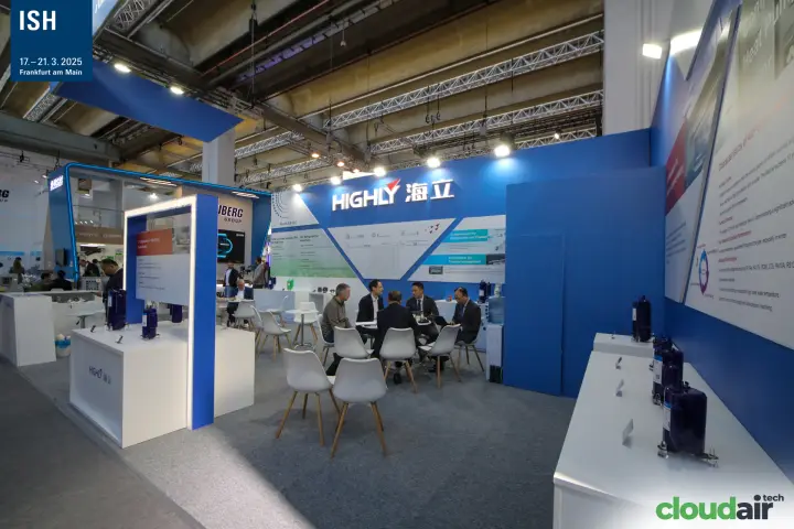Highly compressor stand with meeting area and compressors on display at ISH 2025