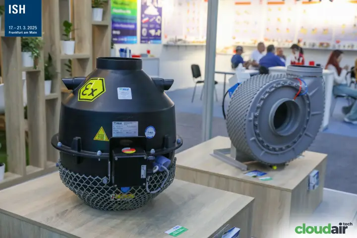 HLU black plastic fan with Ex marking and grey centrifugal fan at ISH 2025